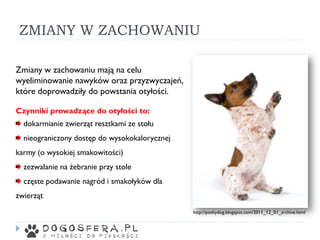 ZMIANY W ZACHOWANIU
Zmiany w zachowaniu mają na celu
wyeliminowanie nawyków oraz przyzwyczajeń,
które doprowadziły do powstania otyłości.
Czynniki prowadzące do otyłości to:
dokarmianie zwierząt resztkami ze stołu
nieograniczony dostęp do wysokokalorycznej
karmy (o wysokiej smakowitości)
zezwalanie na żebranie przy stole
częste podawanie nagród i smakołyków dla
zwierząt
http://poshydog.blogspot.com/2011_12_01_archive.html
 