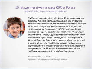 Oficjalna Inauguracja Jubileuszu
Podczas ogłoszenia Raportu
„Odpowiedzialny biznes w Polsce
2014. Dobre praktyki”
 