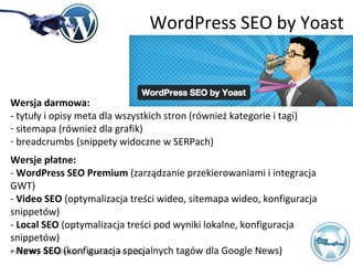 Pimp My WordPress | WordUP #6 Lublin
Wersja darmowa:
- tytuły i opisy meta dla wszystkich stron (również kategorie i tagi)
- sitemapa (również dla grafik)
- breadcrumbs (snippety widoczne w SERPach)
Wersje płatne:
- WordPress SEO Premium (zarządzanie przekierowaniami i integracja
GWT)
- Video SEO (optymalizacja treści wideo, sitemapa wideo, konfiguracja
snippetów)
- Local SEO (optymalizacja treści pod wyniki lokalne, konfiguracja
snippetów)
- News SEO (konfiguracja specjalnych tagów dla Google News)
WordPress SEO by Yoast
 