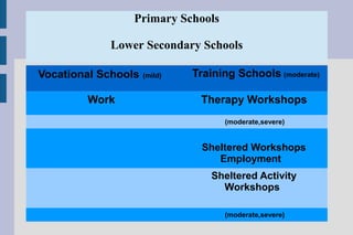 Primary Schools
Lower Secondary Schools
Vocational Schools (mild) Training Schools (moderate)
Work Therapy Workshops
(moderate,severe)
Sheltered Workshops
Employment
Sheltered Activity
Workshops
(moderate,severe)
 