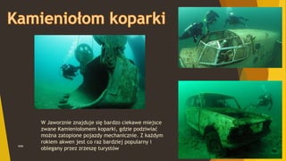 WSB
W Jaworznie znajduje się bardzo ciekawe miejsce
zwane Kamieniołomem koparki, gdzie podziwiać
można zatopione pojazdy mechanicznie. Z każdym
rokiem akwen jest co raz bardziej popularny i
oblegany przez zrzeszę turystów
 