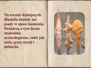 	Na terenie dzisiejszych Biadolin istniały już osady w epoce kamienia. Świadczą o tym liczne znaleziska archeologiczne, takie jak noże, groty strzał i siekierki.