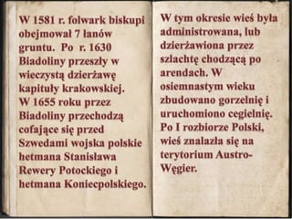 W tym okresie wieś była administrowana, lub dzierżawiona przez szlachtę chodzącą po arendach. W osiemnastym wieku zbudowano gorzelnię i uruchomiono cegielnię. Po I rozbiorze Polski, wieś znalazła się na terytorium Austro-Węgier. W 1581 r. folwark biskupi obejmował 7 łanów gruntu.  Po  r. 1630 Biadoliny przeszły w wieczystą dzierżawę kapituły krakowskiej. W 1655 roku przez Biadoliny przechodzą cofające się przed Szwedami wojska polskie hetmana Stanisława Rewery Potockiego i hetmana Koniecpolskiego.