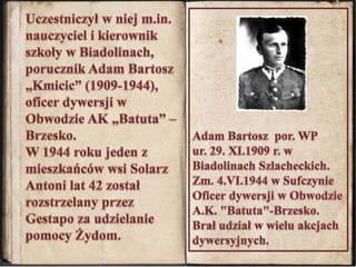 Uczestniczył w niej m.in. nauczyciel i kierownik szkoły w Biadolinach, porucznik Adam Bartosz „Kmicic” (1909-1944), oficer dywersji w Obwodzie AK „Batuta” – Brzesko. W 1944 roku jeden z mieszkańców wsi Solarz Antoni lat 42 został rozstrzelany przez Gestapo za udzielanie pomocy Żydom. Adam Bartosz  por. WP  ur. 29. XI.1909 r. w Biadolinach Szlacheckich. Zm. 4.VI.1944 w Sufczynie Oficer dywersji w Obwodzie A.K. "Batuta"-Brzesko. Brał udział w wielu akcjach dywersyjnych.