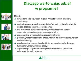 Uczeń:
uświadomi sobie związek między wykształceniem a karierą
zawodową;
znajdzie pomoc w podejmowaniu trafnych decyzji w planowaniu
dalszej drogi edukacyjnej i zawodowej;
ma możliwość porównania swojego wyobrażenia o danym
zawodzie, stanowisku pracy z rzeczywistością;
zapozna się z organizacją i zarządzaniem firmą;
pozna wymagania stawiane pracownikom na różnych stanowiskach
w danej branży;
przekona się o znaczeniu relacji interpersonalnych dla dobrego
funkcjonowania w miejscu pracy;
zapozna się z zagadnieniami etyki w biznesie oraz społecznej
odpowiedzialności biznesu.
Dlaczego warto wziąć udział
w programie?
 