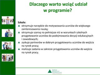 Szkoła:
otrzymuje narzędzie do motywowania uczniów do większego
zainteresowania nauką;
otrzymuje szansę na pełniejsze niż w warunkach szkolnych
przygotowanie uczniów do podejmowania decyzji edukacyjnych
i zawodowych;
zyskuje partnerów w dobrym przygotowaniu uczniów do wejścia
na rynek pracy;
realizuje zadania w zakresie przygotowania uczniów do wejścia
na rynek pracy.
Dlaczego warto wziąć udział
w programie?
 