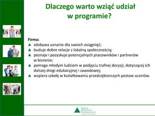 Firma:
zdobywa uznanie dla swoich osiągnięć;
buduje dobre relacje z lokalną społecznością;
poznaje i pozyskuje potencjalnych pracowników i partnerów
w biznesie;
pomaga młodym ludziom w podjęciu trafnej decyzji, dotyczącej ich
dalszej drogi edukacyjnej i zawodowej;
wspiera szkołę w kształtowaniu przedsiębiorczych postaw uczniów.
Dlaczego warto wziąć udział
w programie?
 