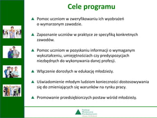 Pomoc uczniom w zweryfikowaniu ich wyobrażeń
o wymarzonym zawodzie.
Zapoznanie uczniów w praktyce ze specyfiką konkretnych
zawodów.
Pomoc uczniom w pozyskaniu informacji o wymaganym
wykształceniu, umiejętnościach czy predyspozycjach
niezbędnych do wykonywania danej profesji.
Włączenie dorosłych w edukację młodzieży.
Uświadomienie młodym ludziom konieczności dostosowywania
się do zmieniających się warunków na rynku pracy.
Promowanie przedsiębiorczych postaw wśród młodzieży.
Cele programu
 
