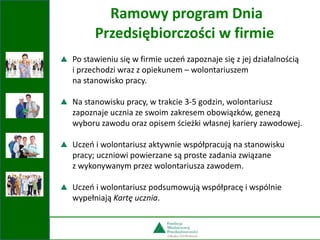 Po stawieniu się w firmie uczeń zapoznaje się z jej działalnością
i przechodzi wraz z opiekunem – wolontariuszem
na stanowisko pracy.
Na stanowisku pracy, w trakcie 3-5 godzin, wolontariusz
zapoznaje ucznia ze swoim zakresem obowiązków, genezą
wyboru zawodu oraz opisem ścieżki własnej kariery zawodowej.
Uczeń i wolontariusz aktywnie współpracują na stanowisku
pracy; uczniowi powierzane są proste zadania związane
z wykonywanym przez wolontariusza zawodem.
Uczeń i wolontariusz podsumowują współpracę i wspólnie
wypełniają Kartę ucznia.
Ramowy program Dnia
Przedsiębiorczości w firmie
 