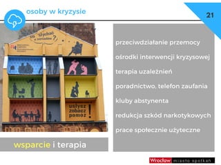 22
przeciwdziałanie przemocy
ośrodki interwencji kryzysowej
terapia uzależnień
poradnictwo, telefon zaufania
kluby abstynenta
redukcja szkód narkotykowych
prace społecznie użyteczne
osoby w kryzysie
wsparcie i terapia
21
 