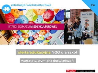 dzieci
umowy, czasowe użyczenia
– np. w szkołach sale gimnastyczne
edukacja wielokulturowa 24
oferta edukacyjna NGO dla szkół
warsztaty, wymiana doświadczeń
 