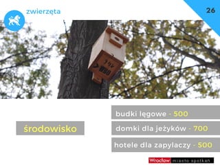 dzieci
27
zwierzęta
domki dla jeżyków - 700
budki lęgowe - 500
środowisko
hotele dla zapylaczy - 500
26
 