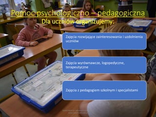 Pomoc psychologiczno – pedagogiczna
Dla uczniów organizujemy:
Zespół Szkół im. Integracji Europejskiej,
www.nowemiasto.edu.pl
Zajęcia rozwijające zainteresowania i uzdolnienia
uczniów
Zajęcia wyrównawcze, logopedyczne,
terapeutyczne
Zajęcia z pedagogiem szkolnym i specjalistami
 