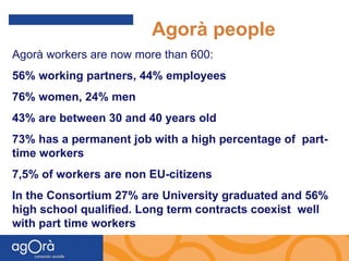 Agorà people Agorà workers are now more than 600: 56% working partners, 44% employees 76% women, 24% men 43% are between 30 and 40 years old 73% has a permanent job with a high percentage of  part-time workers 7,5% of workers are non EU-citizens In the Consortium 27% are University graduated and 56% high school qualified. Long term contracts coexist  well with part time workers 