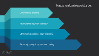 12
Umocnienia brandu
Pozyskania nowych klientów
Utrzymania obecnej bazy klientów
Promocji nowych produktów i usług
Nasze realizacje posłużą do:
 