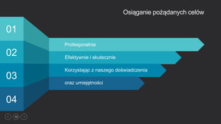 13
Osiąganie pożądanych celów
02
03
04
01
Profesjonalnie
Efektywnie i skutecznie
Korzystając z naszego doświadczenia
oraz umiejętności
 