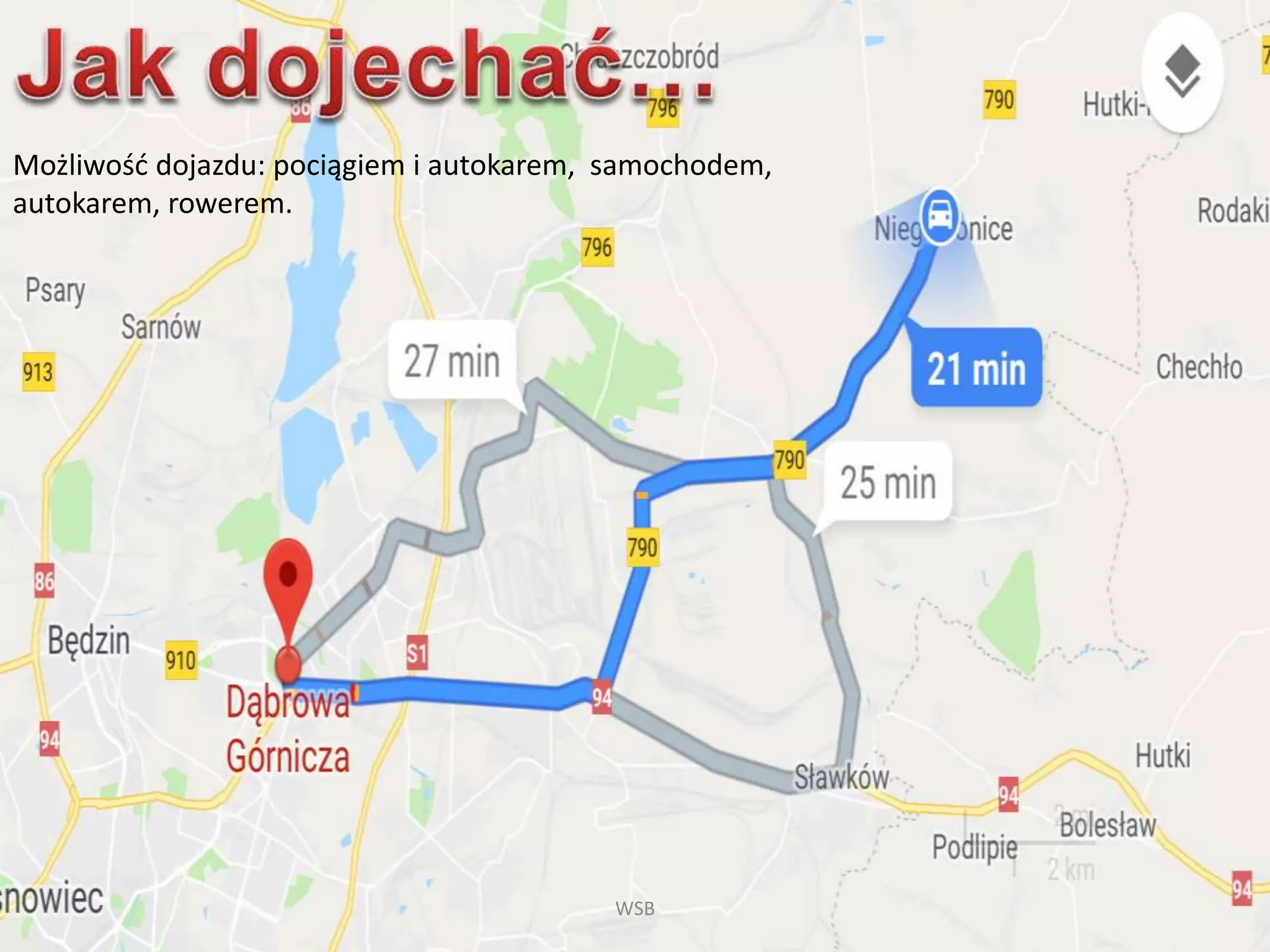 Możliwość dojazdu: pociągiem i autokarem, samochodem,
autokarem, rowerem.
WSB
 