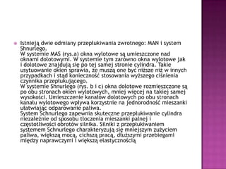 Istnieją dwie odmiany przepłukiwania zwrotnego: MAN i system Shnurlego. W systemie MAS (rys.a) okna wylotowe są umieszczone nad oknami dolotowymi. W systemie tym zarówno okna wylotowe jak i dolotowe znajdują się po tej samej stronie cylindra. Takie usytuowanie okien sprawia, że muszą one być niższe niż w innych przypadkach i stąd konieczność stosowania wyższego ciśnienia czynnika przepłukującego.W systemie Shnurlego (rys. b i c) okna dolotowe rozmieszczone są po obu stronach okien wylotowych, mniej więcej na takiej samej wysokości. Umieszczenie kanałów dolotowych po obu stronach kanału wylotowego wpływa korzystnie na jednorodność mieszanki ułatwiając odparowanie paliwa.System Schnurlego zapewnia skuteczne przepłukiwanie cylindra niezależnie od sposobu tłoczenia mieszanki palnej i częstotliwości obrotów silnika. Silniki z przepłukiwaniem systemem Schnurlego charakteryzują się mniejszym zużyciem paliwa, większą mocą, cichszą pracą, dłuższymi przebiegami między naprawczymi i większą elastycznością