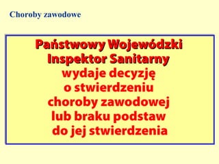 Choroby zawodowe


     Państwowy Wojewódzki
     Państwowy Wojewódzki
       Inspektor Sanitarny
       Inspektor Sanitarny
          wydaje decyzję
          o stwierdzeniu
       choroby zawodowej
        lub braku podstaw
        do jej stwierdzenia
 