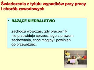 Świadczenia z tytułu wypadków przy pracy
i chorób zawodowych

   • RAŻĄCE NIEDBALSTWO

    zachodzi wówczas, gdy pracownik
    nie przewiduje sprzecznego z prawem
    zachowania, choć mógłby i powinien
    go przewidzieć.
 