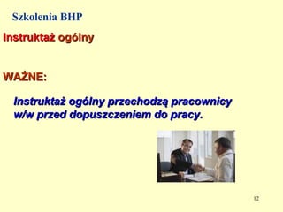 Szkolenia BHP
Instruktaż ogólny


WAŻNE:

 Instruktaż ogólny przechodzą pracownicy
 w/w przed dopuszczeniem do pracy.




                                           12
 