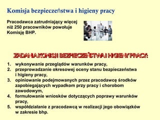 Komisja bezpieczeństwa i higieny pracy
Pracodawca zatrudniający więcej
niż 250 pracowników powołuje
Komisję BHP.




  ZADAN KO
       IA MISJI BEZPIEC EŃ
                       Z STW I HIGIEN PRAC
                            A        Y    Y:
 
1. wykonywanie przeglądów warunków pracy,
2. przeprowadzanie okresowej oceny stanu bezpieczeństwa
   i higieny pracy,
3. opiniowanie podejmowanych przez pracodawcę środków
   zapobiegających wypadkom przy pracy i chorobom
   zawodowym,
4. formułowanie wniosków dotyczących poprawy warunków
   pracy,
5. współdziałanie z pracodawcą w realizacji jego obowiązków
   w zakresie bhp.
 