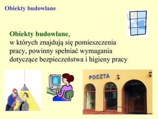 Obiekty budowlane



 Obiekty budowlane,
 w których znajdują się pomieszczenia
 pracy, powinny spełniać wymagania
 dotyczące bezpieczeństwa i higieny pracy
 