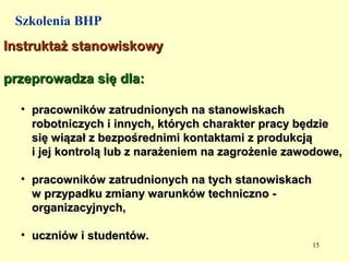 Szkolenia BHP
Instruktaż stanowiskowy

przeprowadza się dla:

  • pracowników zatrudnionych na stanowiskach
    robotniczych i innych, których charakter pracy będzie
    się wiązał z bezpośrednimi kontaktami z produkcją
    i jej kontrolą lub z narażeniem na zagrożenie zawodowe,

  • pracowników zatrudnionych na tych stanowiskach
    w przypadku zmiany warunków techniczno -
    organizacyjnych,

  • uczniów i studentów.
                                                     15
 
