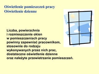 Oświetlenie pomieszczeń pracy
Oświetlenie dzienne



 Liczba, powierzchnia
 i rozmieszczenie okien
 w pomieszczeniach pracy
 powinny zapewniać pracownikom,
 stosownie do rodzaju
 wykonywanych przez nich prac,
 dostateczne oświetlenie dzienne
 oraz należyte przewietrzanie pomieszczeń.
 