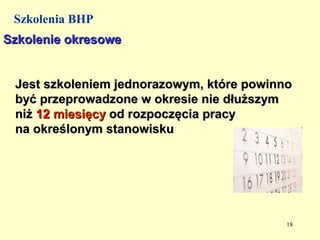 Szkolenia BHP
Szkolenie okresowe


 Jest szkoleniem jednorazowym, które powinno
 być przeprowadzone w okresie nie dłuższym
 niż 12 miesięcy od rozpoczęcia pracy
 na określonym stanowisku




                                           18
 