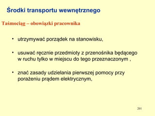 Środki transportu wewnętrznego

Taśmociąg – obowiązki pracownika


    • utrzymywać porządek na stanowisku,

    • usuwać ręcznie przedmioty z przenośnika będącego
      w ruchu tylko w miejscu do tego przeznaczonym ,

    • znać zasady udzielania pierwszej pomocy przy
      porażeniu prądem elektrycznym,




                                                     201
 