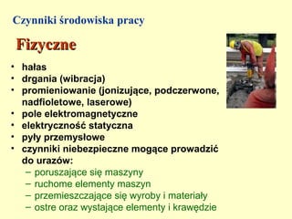Czynniki środowiska pracy

 Fizyczne
• hałas
• drgania (wibracja)
• promieniowanie (jonizujące, podczerwone,
  nadfioletowe, laserowe)
• pole elektromagnetyczne
• elektryczność statyczna
• pyły przemysłowe
• czynniki niebezpieczne mogące prowadzić
  do urazów:
   – poruszające się maszyny
   – ruchome elementy maszyn
   – przemieszczające się wyroby i materiały
   – ostre oraz wystające elementy i krawędzie
 