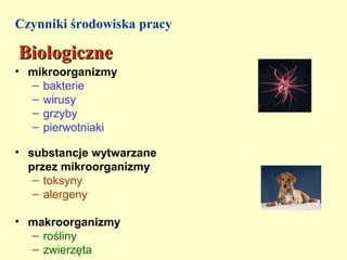 Czynniki środowiska pracy

Biologiczne
• mikroorganizmy
  – bakterie
  – wirusy
  – grzyby
  – pierwotniaki

• substancje wytwarzane
  przez mikroorganizmy
   – toksyny
   – alergeny

• makroorganizmy
  – rośliny
  – zwierzęta  
 
