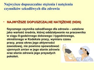 Najwyższe dopuszczalne stężenia i natężenia
czynników szkodliwych dla zdrowia


• NAJWYŻSZE DOPUSZCZALNE NATĘŻENIE (NDN)

 fizycznego czynnika szkodliwego dla zdrowia – ustalone
 jako wartość średnia, której oddziaływanie na pracownika
 w ciągu 8-godzinnego dobowego i tygodniowego,
 określonego w Kodeksie pracy, wymiaru czasu
 pracy, przez okres jego aktywności
 zawodowej, nie powinno spowodować
 ujemnych zmian w jego stanie zdrowia
 oraz stanie zdrowia jego przyszłych
 pokoleń.
 