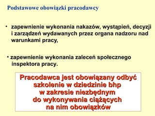 Podstawowe obowiązki pracodawcy


• zapewnienie wykonania nakazów, wystąpień, decyzji
  i zarządzeń wydawanych przez organa nadzoru nad
  warunkami pracy,


• zapewnienie wykonania zaleceń społecznego
  inspektora pracy.

    Pracodawca jest obowiązany odbyć
        szkolenie w dziedzinie bhp
          w zakresie niezbędnym
        do wykonywania ciążących
            na nim obowiązków
 