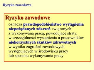 Ryzyko zawodowe


 Ryzyko zawodowe
   oznacza prawdopodobieństwo wystąpienia
   niepożądanych zdarzeń związanych
   z wykonywaną pracą, powodujące straty,
   w szczególności wystąpienia u pracowników
   niekorzystnych skutków zdrowotnych
   w wyniku zagrożeń zawodowych
   występujących w środowisku pracy
   lub sposobu wykonywania pracy
 