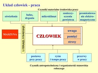 Układ człowiek - praca
                                                  Czynniki materialne środowiska pracy
                                                                        zanieczy-        promieniowa-
                                         hałas,
 oświetlenie                                         mikroklimat         sczenia          nie elektro-
                                        drgania
                                                                        powietrza        magnetyczne
                . er ją e, g aiz ją e
               u st u c sy n l u c


                                                                             uwaga
MASZYNA
                                                  CZŁOWIEK                   pamięć
                                                                             stresy



                                            postawa               rytm                przerwy
                                           przy pracy        i tempo pracy            w pracy

                                           Czynnik antropotechniczny i organizatorski stanowiska
                                                                roboczego
 