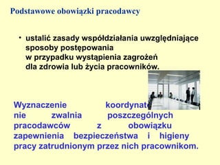 Podstawowe obowiązki pracodawcy


  • ustalić zasady współdziałania uwzględniające
    sposoby postępowania
    w przypadku wystąpienia zagrożeń
    dla zdrowia lub życia pracowników.



Wyznaczenie          koordynatora
nie      zwalnia     poszczególnych
pracodawców        z       obowiązku
zapewnienia bezpieczeństwa i higieny
pracy zatrudnionym przez nich pracownikom.
 