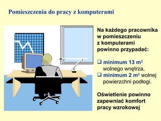 Pomieszczenia do pracy z komputerami

                              Na każdego pracownika
                              w pomieszczeniu
                              z komputerami
                              powinno przypadać:

                               minimum 13 m3
                                wolnego wnętrza,
                               minimum 2 m2 wolnej
                                powierzchni podłogi.

                              Oświetlenie powinno
                              zapewniać komfort
                              pracy wzrokowej
 