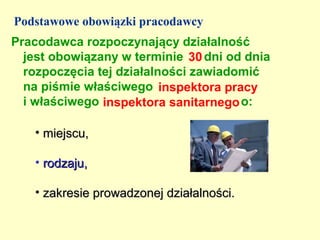 Podstawowe obowiązki pracodawcy
Pracodawca rozpoczynający działalność
  jest obowiązany w terminie 30 dni od dnia
  rozpoczęcia tej działalności zawiadomić
  na piśmie właściwego inspektora pracy
  i właściwego inspektora sanitarnego o:

   • miejscu,

   • rodzaju,

   • zakresie prowadzonej działalności.
 