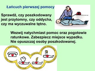 Łańcuch pierwszej pomocy

Sprawdź, czy poszkodowany
jest przytomny, czy oddycha,
czy ma wyczuwalne tętno.

     Wezwij natychmiast pomoc oraz pogotowie
     ratunkowe. Zabezpiecz miejsce wypadku.
     Nie opuszczaj osoby poszkodowanej.
 