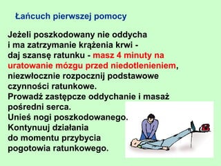 Łańcuch pierwszej pomocy

Jeżeli poszkodowany nie oddycha
i ma zatrzymanie krążenia krwi -
daj szansę ratunku - masz 4 minuty na
uratowanie mózgu przed niedotlenieniem,
niezwłocznie rozpocznij podstawowe
czynności ratunkowe.
Prowadź zastępcze oddychanie i masaż
pośredni serca.
Unieś nogi poszkodowanego.
Kontynuuj działania
do momentu przybycia
pogotowia ratunkowego.
 