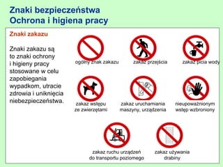 Znaki bezpieczeństwa
Ochrona i higiena pracy
Znaki zakazu

Znaki zakazu są
to znaki ochrony
i higieny pracy        ogólny znak zakazu        zakaz przejścia     zakaz picia wody
stosowane w celu
zapobiegania
wypadkom, utracie
zdrowia i uniknięcia
niebezpieczeństwa.      zakaz wstępu        zakaz uruchamiania     nieupoważnionym
                       ze zwierzętami       maszyny, urządzenia    wstęp wzbroniony




                              zakaz ruchu urządzeń        zakaz używania
                             do transportu poziomego         317
                                                              drabiny
 