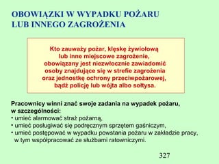 OBOWIĄZKI W WYPADKU POŻARU
LUB INNEGO ZAGROŻENIA

             Kto zauważy pożar, klęskę żywiołową
                lub inne miejscowe zagrożenie,
           obowiązany jest niezwłocznie zawiadomić
           osoby znajdujące się w strefie zagrożenia
          oraz jednostkę ochrony przeciwpożarowej,
              bądź policję lub wójta albo sołtysa.


Pracownicy winni znać swoje zadania na wypadek pożaru,
w szczególności:
• umieć alarmować straż pożarną,
• umieć posługiwać się podręcznym sprzętem gaśniczym,
• umieć postępować w wypadku powstania pożaru w zakładzie pracy,
  w tym współpracować ze służbami ratowniczymi.

                                                  327
 