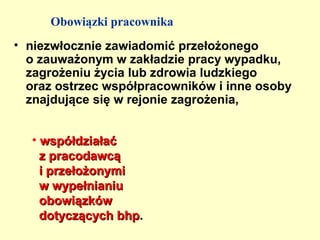Obowiązki pracownika
• niezwłocznie zawiadomić przełożonego
  o zauważonym w zakładzie pracy wypadku,
  zagrożeniu życia lub zdrowia ludzkiego
  oraz ostrzec współpracowników i inne osoby
  znajdujące się w rejonie zagrożenia,


  • współdziałać
    z pracodawcą
    i przełożonymi
    w wypełnianiu
    obowiązków
    dotyczących bhp.
 