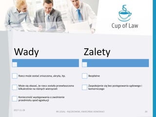 RK LEGAL - RĄCZKOWSKI, KWIECIŃSKI ADWOKACI 20
2017-11-28
Wady
Rzecz może zostać zniszczona, ukryta, itp.
Może się okazać, że rzecz została przewłaszczona
kilkukrotnie na różnych wierzycieli
Konieczność występowania o zwolnienie
przedmiotu spod egzekucji
Zalety
Bezpłatne
Zaspokojenie się bez postępowania sądowego i
komorniczego
 