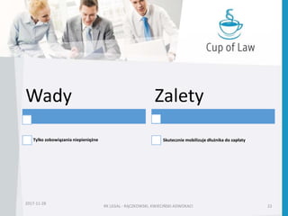 RK LEGAL - RĄCZKOWSKI, KWIECIŃSKI ADWOKACI 22
2017-11-28
Wady
Tylko zobowiązania niepieniężne
Zalety
Skutecznie mobilizuje dłużnika do zapłaty
 