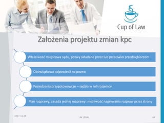 Założenia projektu zmian kpc
2017-11-28
RK LEGAL 48
Właściwość miejscowa sądu, pozwy składane przez lub przeciwko przedsiębiorcom
Obowiązkowa odpowiedź na pozew
Posiedzenia przygotowawcze – sędzia w roli rozjemcy
Plan rozprawy; zasada jednej rozprawy; możliwość nagrywania rozpraw przez strony
 
