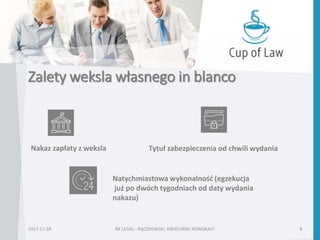 Zalety weksla własnego in blanco
2017-11-28 RK LEGAL - RĄCZKOWSKI, KWIECIŃSKI ADWOKACI 8
Nakaz zapłaty z weksla Tytuł zabezpieczenia od chwili wydania
Natychmiastowa wykonalność (egzekucja
już po dwóch tygodniach od daty wydania
nakazu)
 
