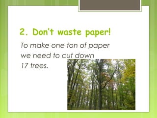 2. Don’t waste paper!
To make one ton of paper
we need to cut down
17 trees.
 